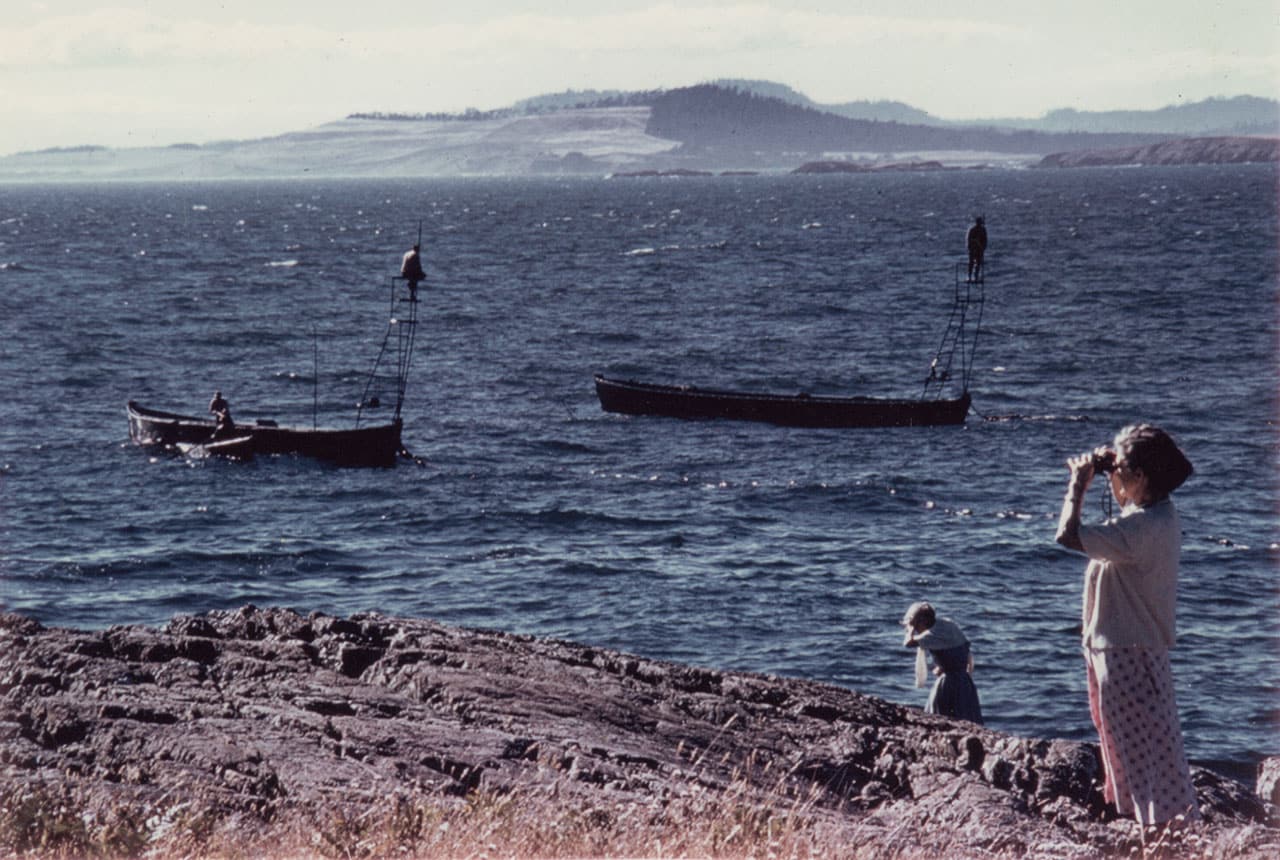 Women on rocky shore, two boats with ladders on water